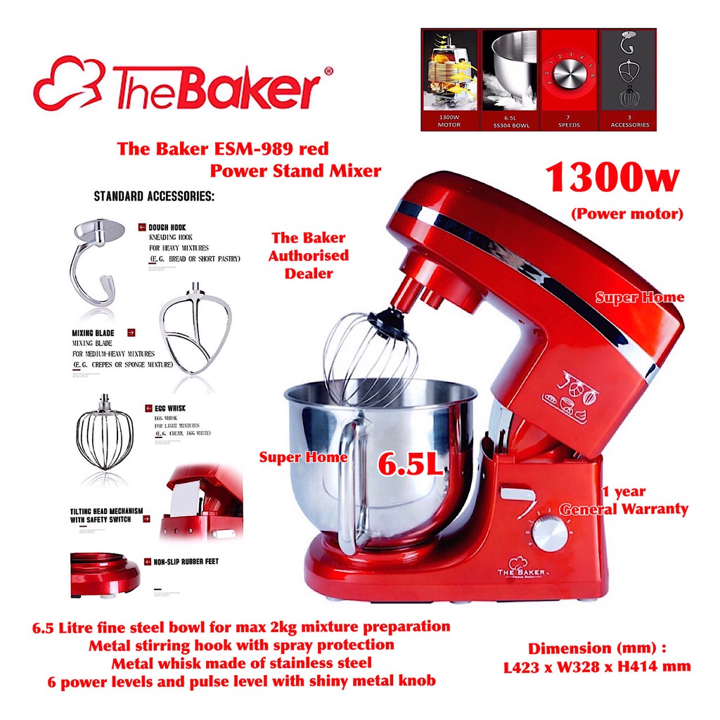 The Baker Stand Mixer ESM989 (Red) 6.5L Stainless Steel Bowl Power