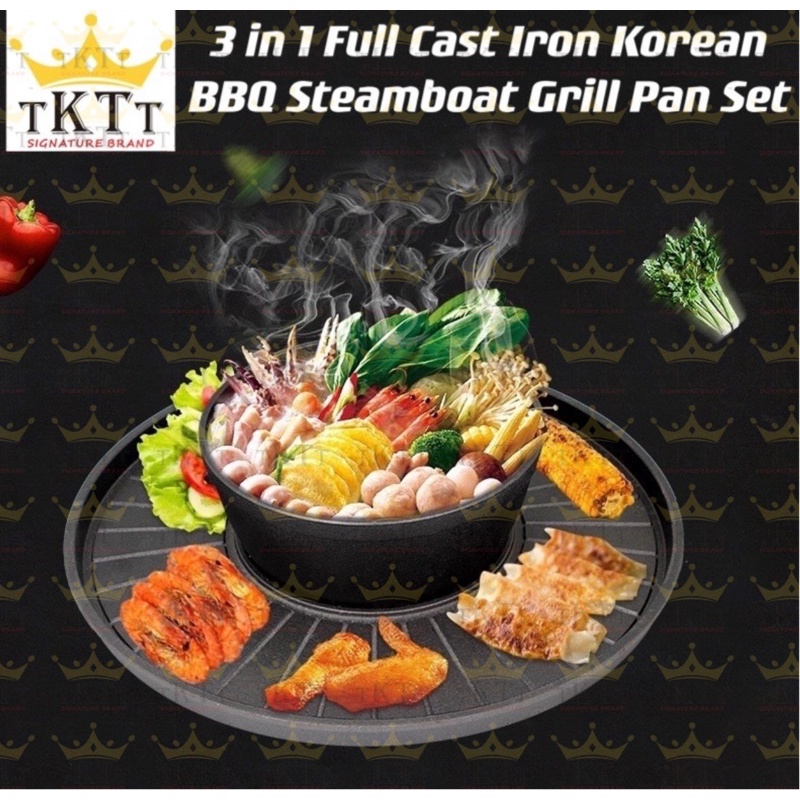 TKTT 35cm 2 in 1 Cast Iron Korean BBQ Grill Steamboat Grill Pan Oden Party Set Kuali Steamboat