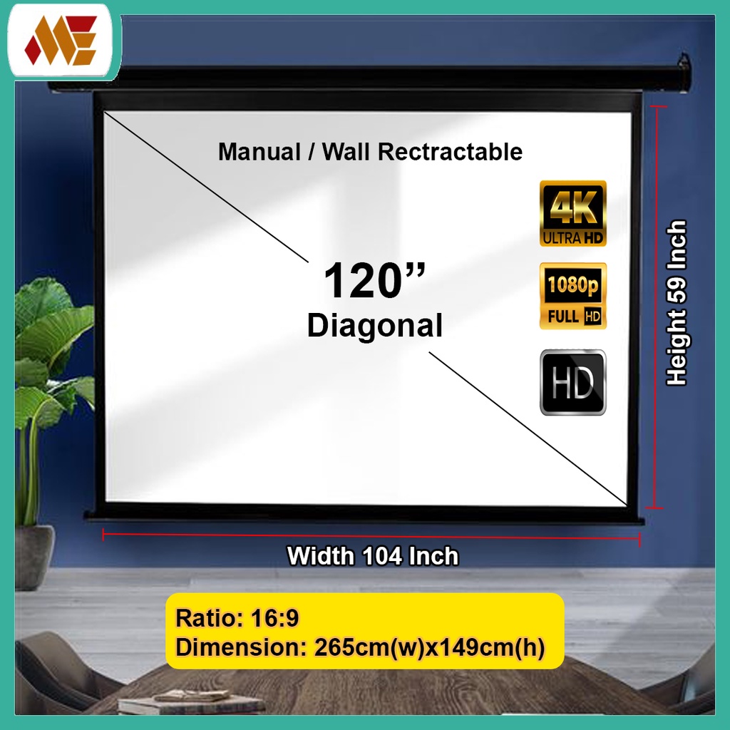 120" 169 Manual & Wall Retractable Ceiling Mount Projector Screen (104
