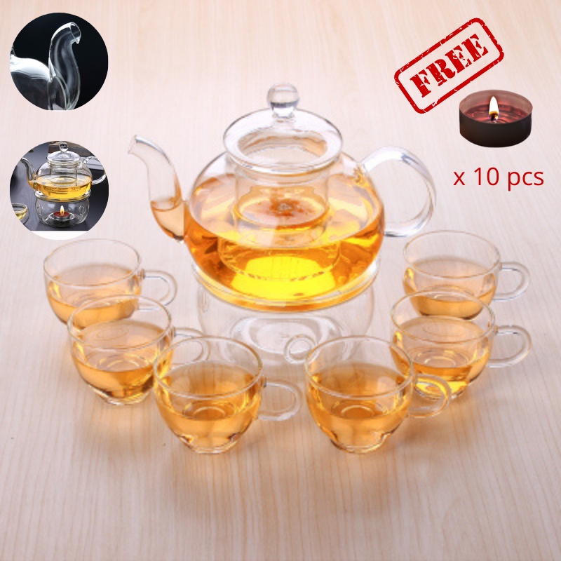 [High Quality] Flower tea pot Glass Tea pot set heat preservation + 6
