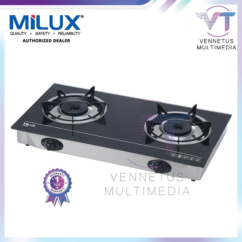 Milux Gas Cooker MSG6300 Table Top 2 Burners Glass Gas Stove (Black