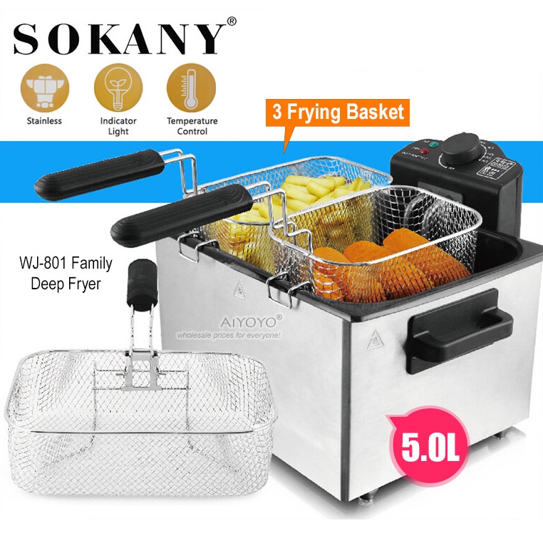 SOKANY 5L Electric Deep Fryer With 3 Frying Basket Goreng Minyak Goreng