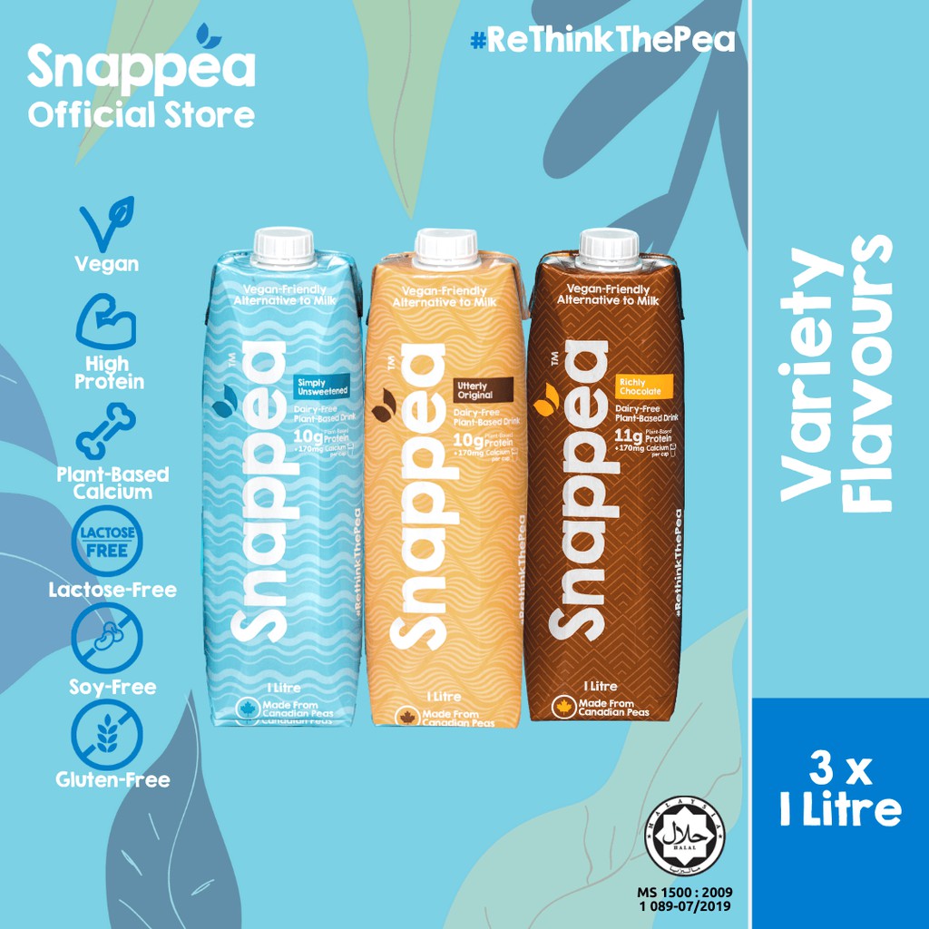 Snappea Variety Plant Based Vegan Pea Milk (3 x 1L) UHT Dairy Free