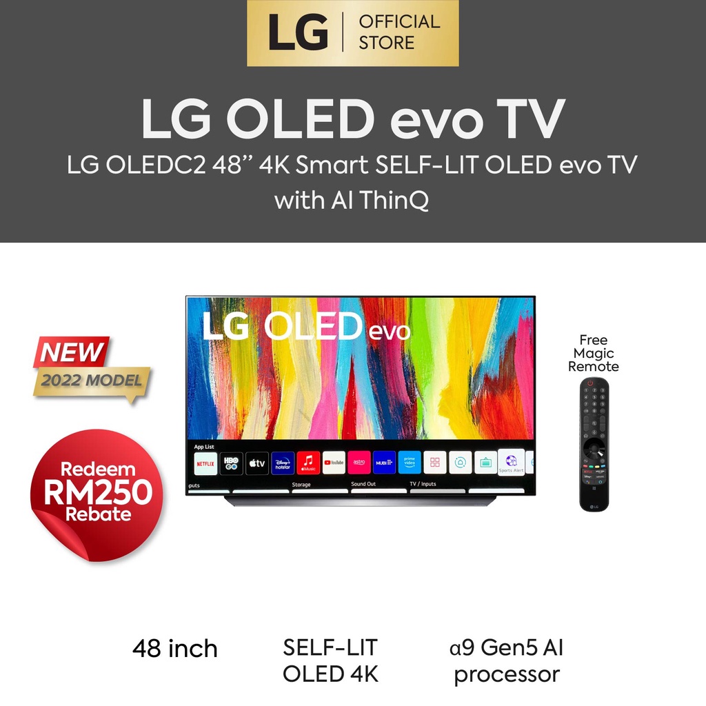 LG 48 Inch C2 OLED48C2 4K Smart SelfLit OLED evo TV with AI ThinQ