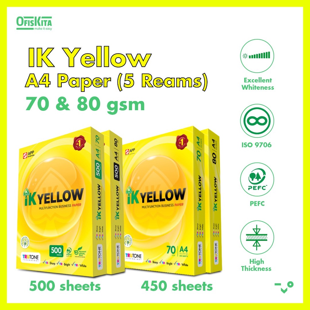 IK Yellow A4 Paper 70GSM/450 sheets 80GSM/500 sheets (5reams) (6 BOX