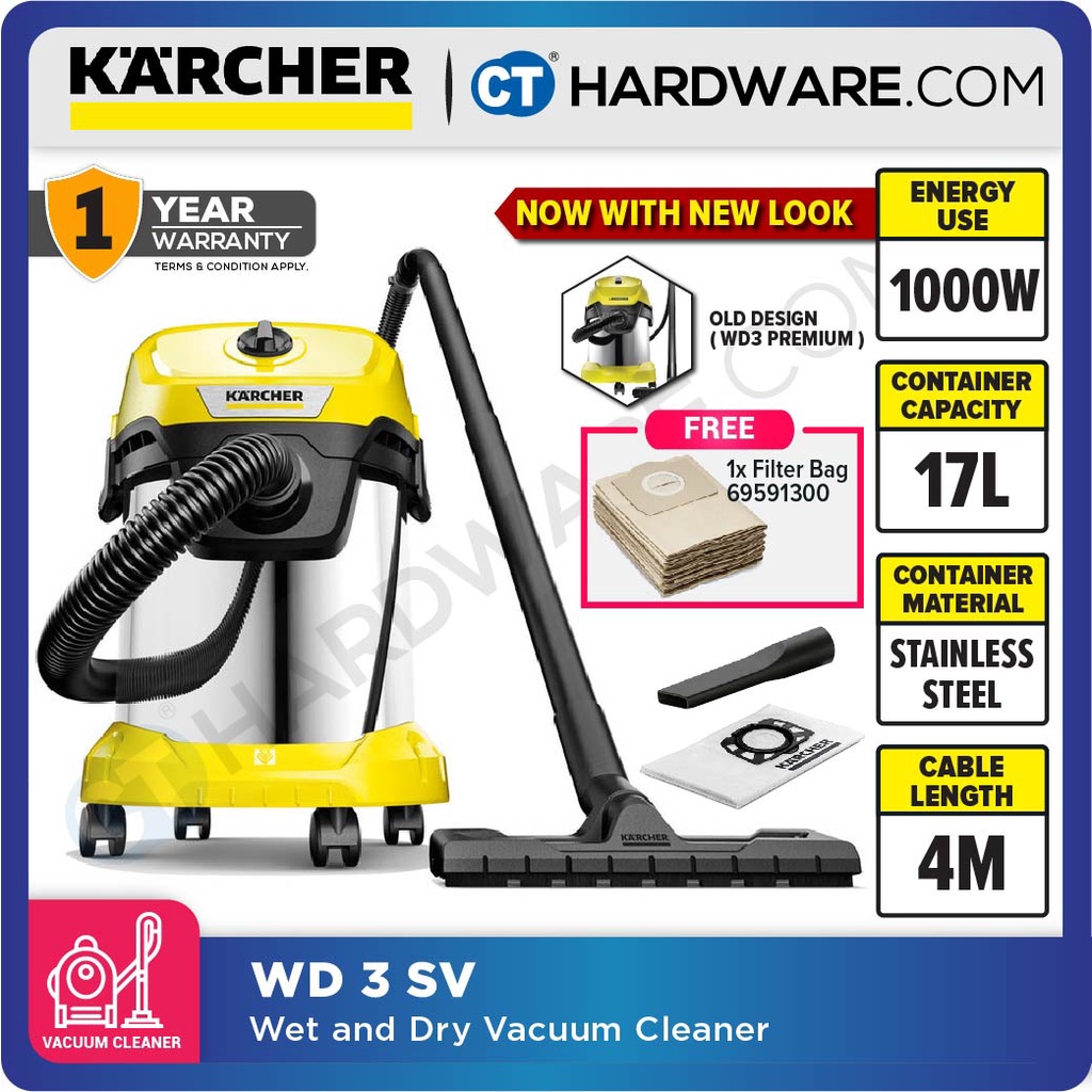 KARCHER WD 3 S V WET AND DRY VACUUM CLEANER 1000W 17L STAINLESS