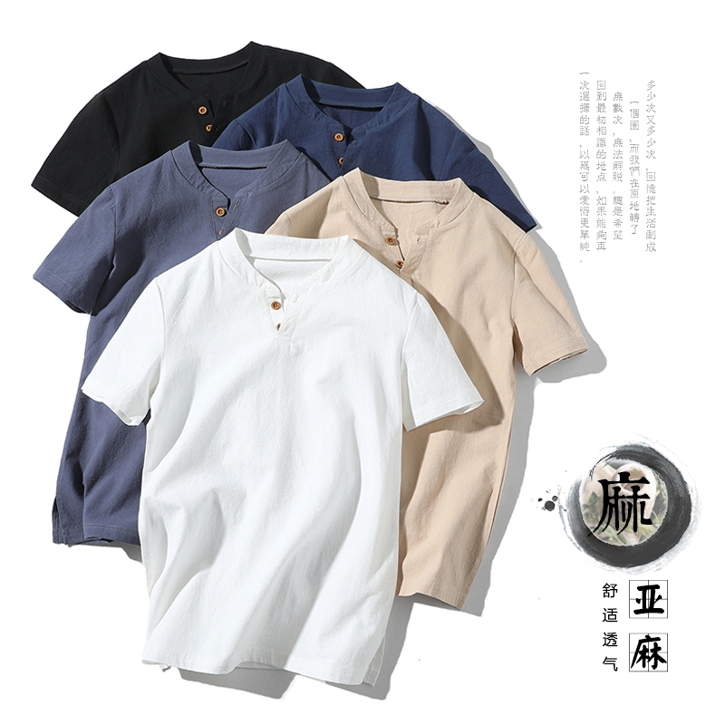 Summer New Japanese Solid Color Cotton and Linen Short Sleeve Tshirt