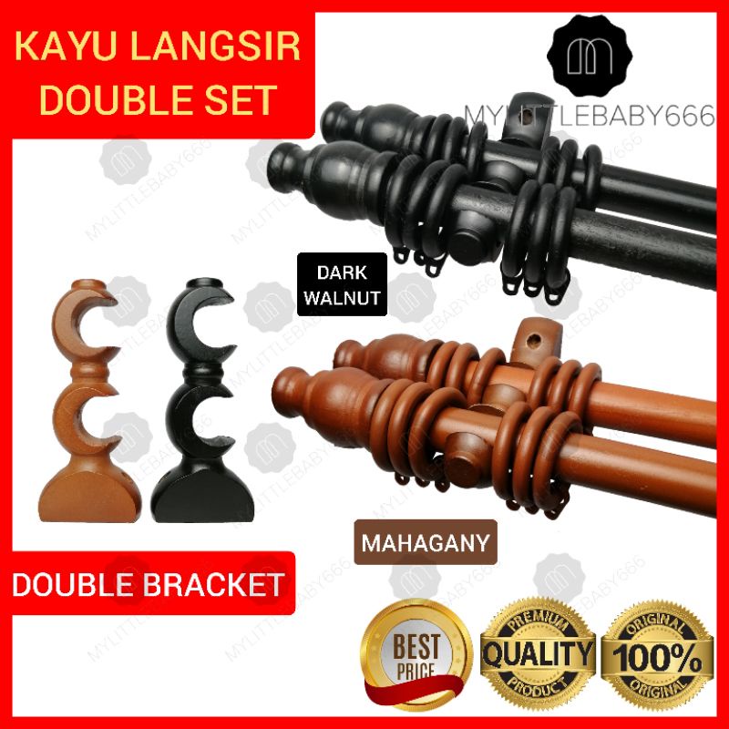 Kayu Langsir DOUBLE SET Wooden Curtain Rod Wooden Rod 28mm Full Set
