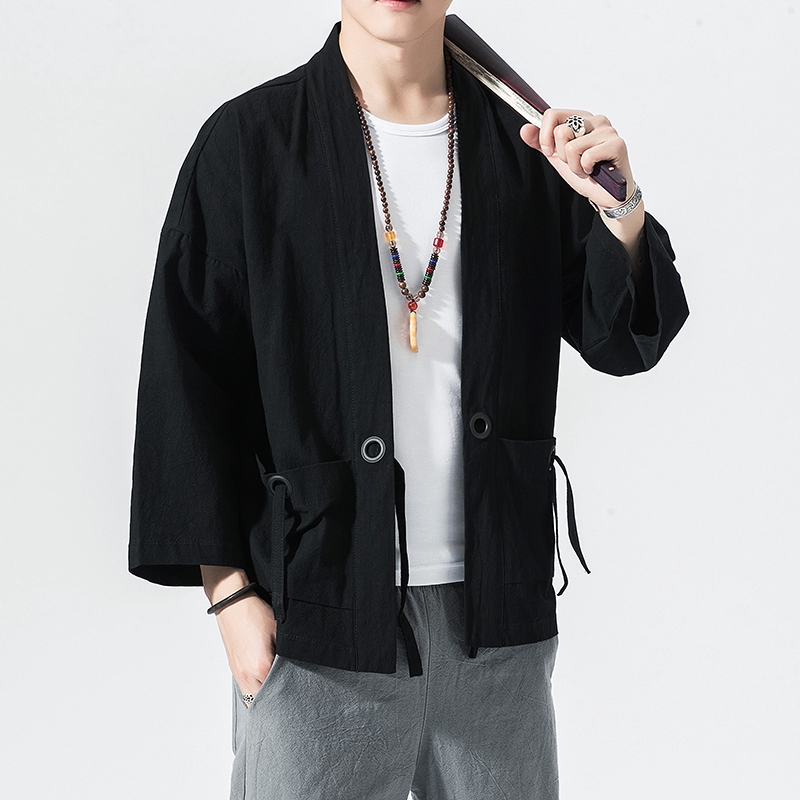 Chinese Style Kimono Cardigan Men Crane Printed Long Black Kimono