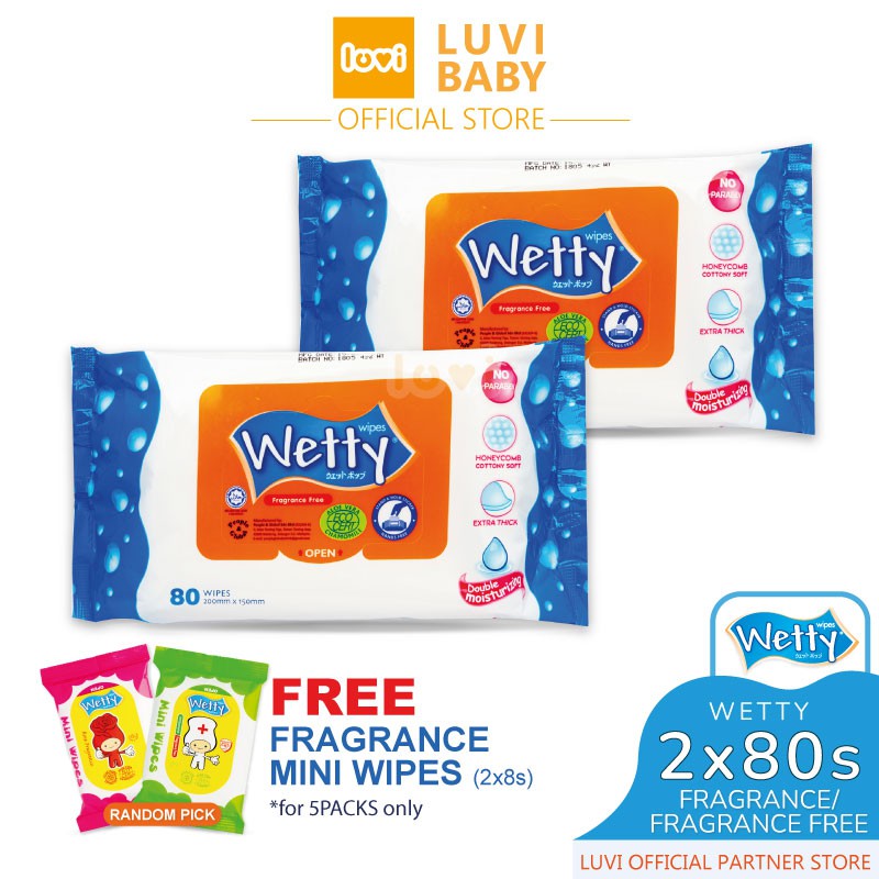 Wetty 2 x 80's + 1x8s Fragrance Free/Fragrance Baby Wipes