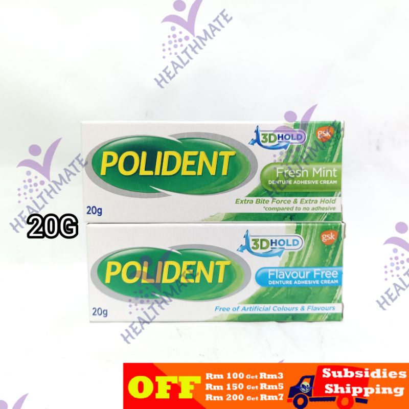 Polident Denture Adhesive Cream Flavour Free/Fresh Mint (20G) Shopee