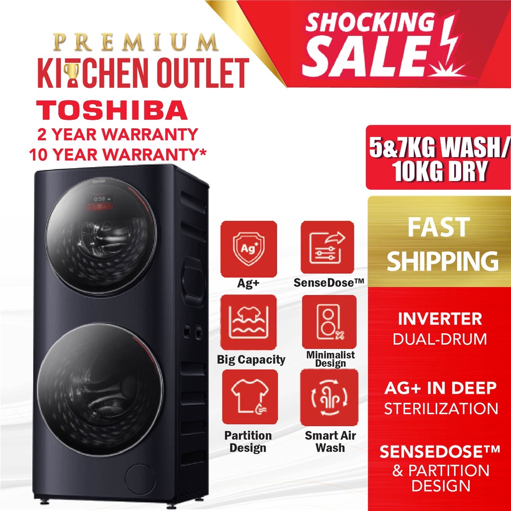 Toshiba 5 & 7/10KG Dual Drum Front Load 2 In 1 Washer Dryer TWD
