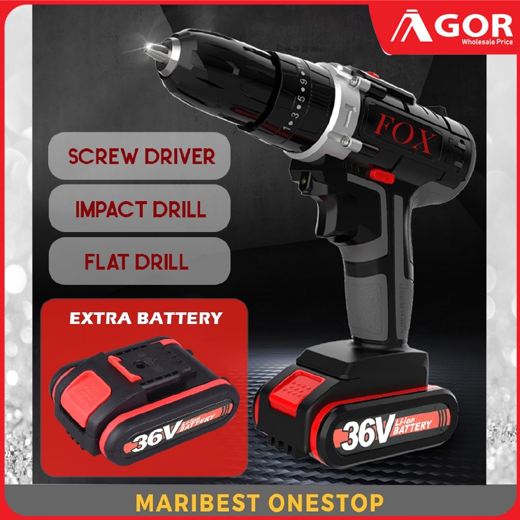 Battery Tool Set Fox FX36V Cordless Impact Driver Drill Double Speed