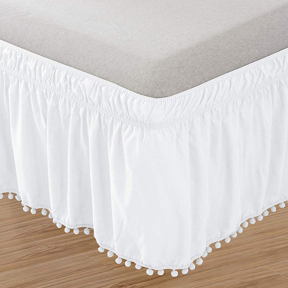 Pompom Fringe Bed Skirt Ruffle Elastic Wrap Around Bedskirt Easy On/Off