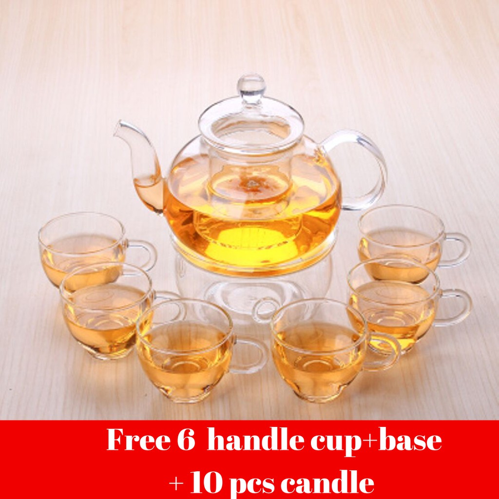 Quality] Flower [High tea pot Glass Tea pot set heat preservation + 6 handdle Tea Cups + base