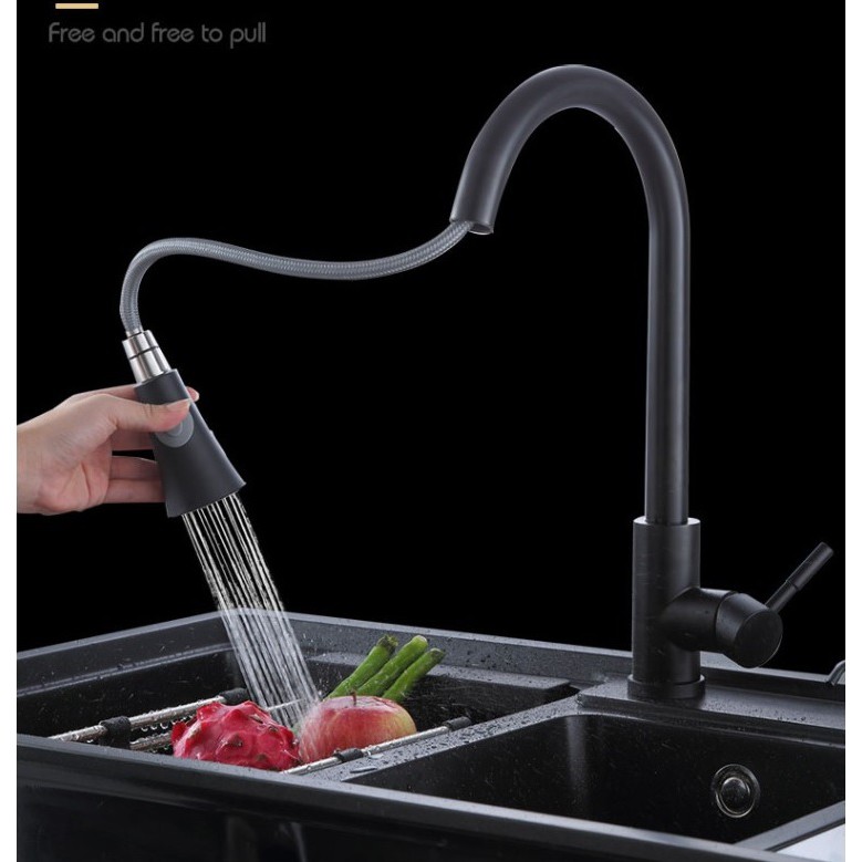 Kitchen Basin Sink Faucet Black Color Taps Pull Out Swivel Spout Spray