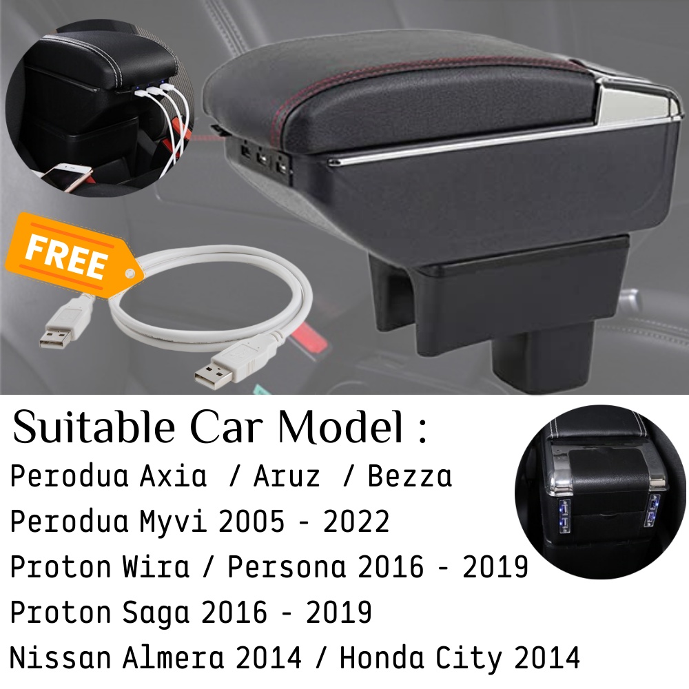 7USB Double Layers Armrest Cup Holder Arm rest Perodua Axia Aruz Myvi