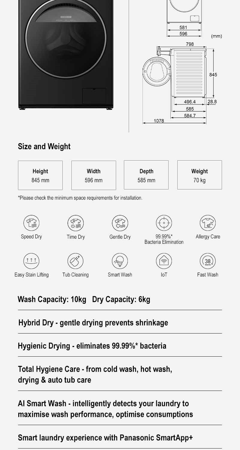 PANASONIC NAS106FR1BM CARE+ EDITION 10/6KG FRONT LOAD WASHING MACHINE