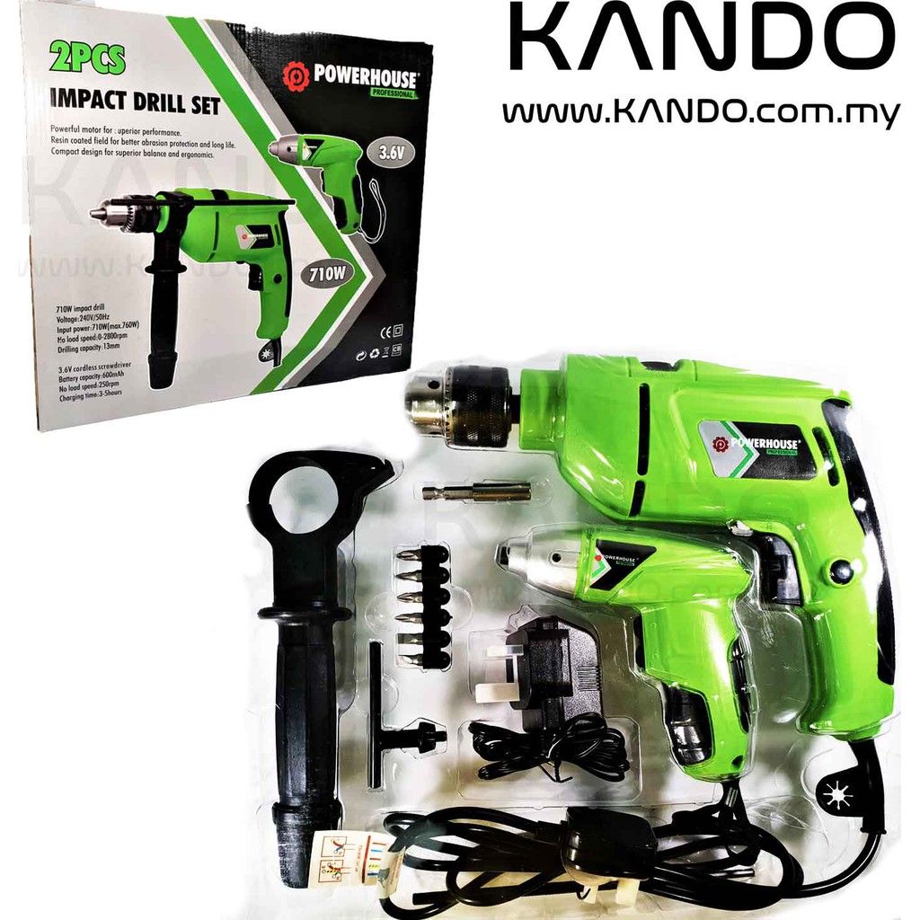 [MALAYSIA]POWERHOUSE Impact Drill 710W & Cordless Screwdriver Set