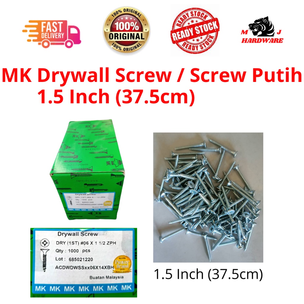 100, 250, 500pcs 06X1 1/2" MK WHITE DRYWALL SCREW CEILING PLASTER