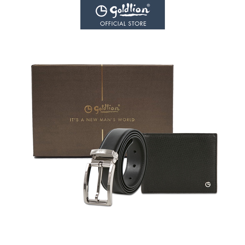 Goldlion Genuine Leather Wallet & Leather Pin Belt Gift Set Black