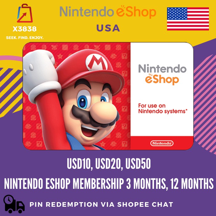 NINTENDO (US) Digital Topup Top Up Gift Reload Card for USD10, USD 20, USD50 and