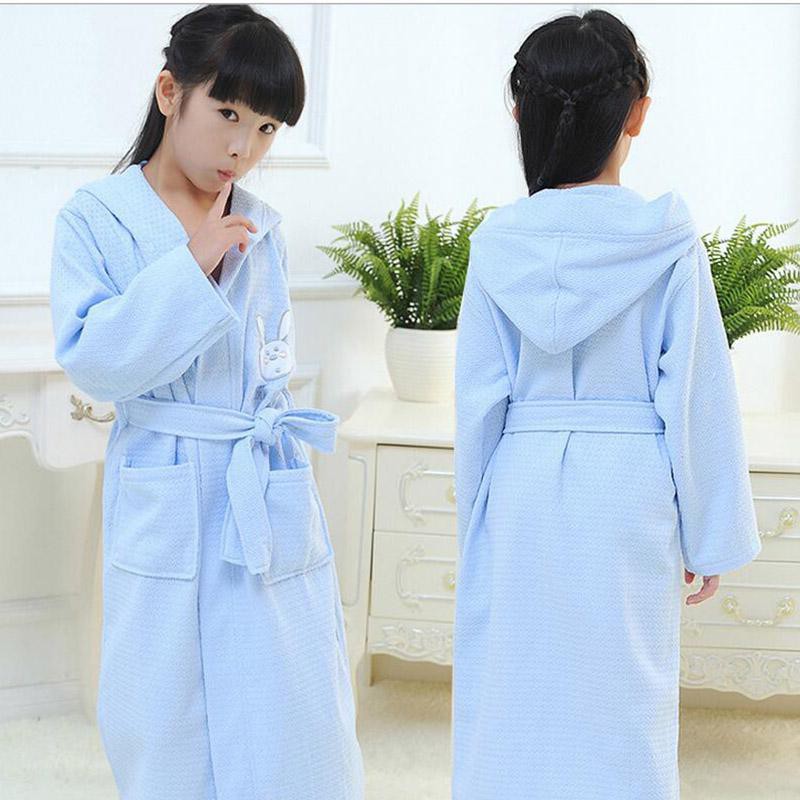 Waffle child bathrobe Kids Bathrobe Cotton Pajamas fleece cartoon cap