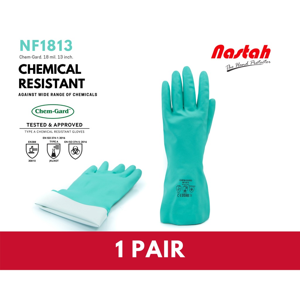 [1 Pair] Safety Gloves Nastah Nitrile Gloves ChemGard NF1813 Green