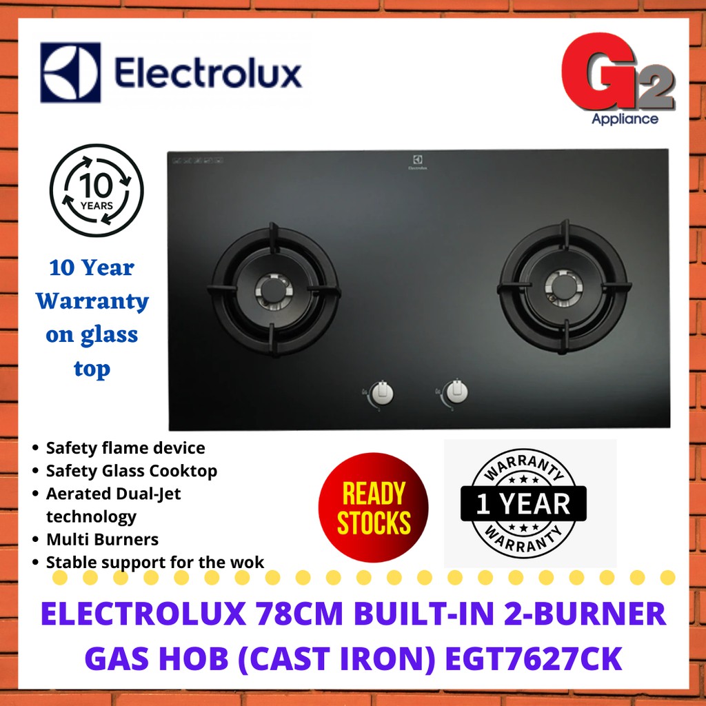 ELECTROLUX 78cm BUILTIN 2BURNER GAS HOB (CAST IRON) EGT7627CK