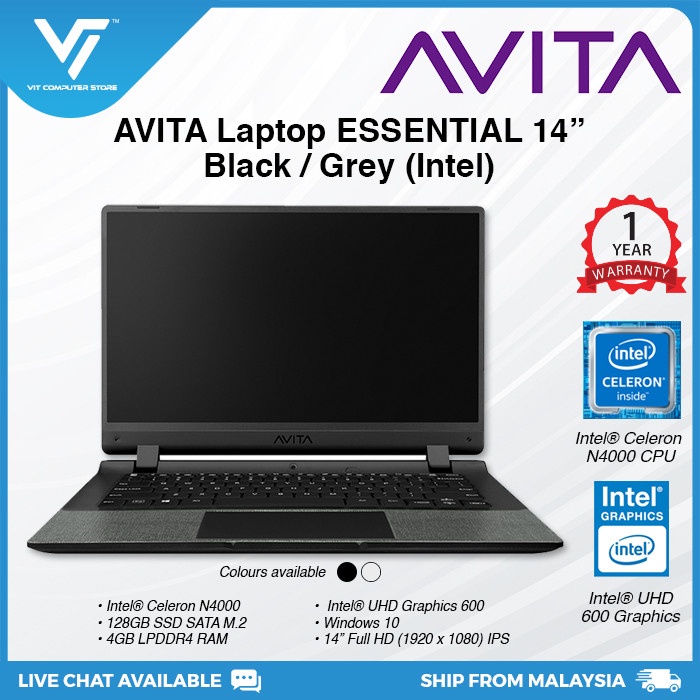 AVITA Laptop ESSENTIAL 14 (Black/Grey) (Intel Celeron N4000, 4GB, 128