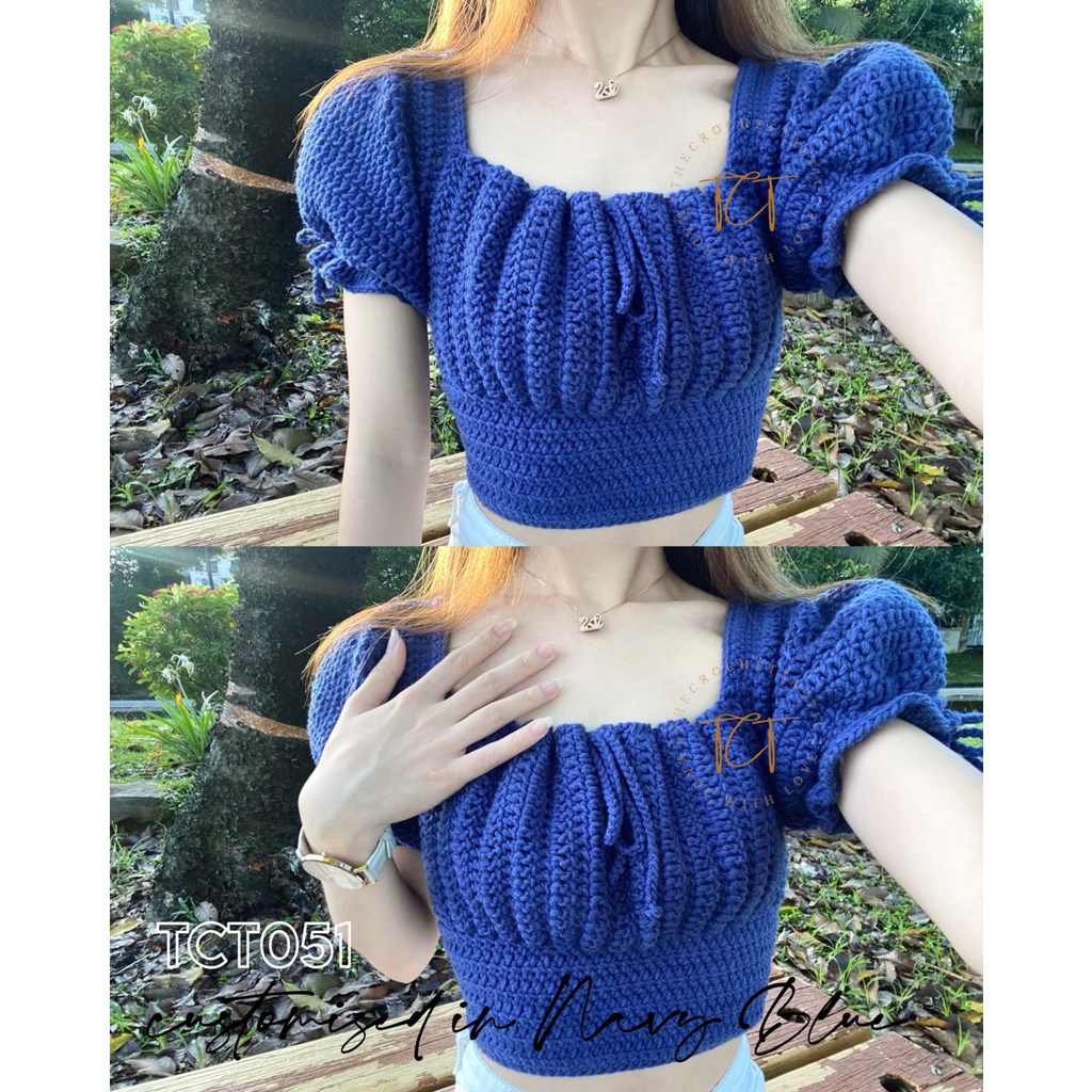 TCT051 SelfTie Puffy Sleeves Crop Top Crochet Shopee Malaysia