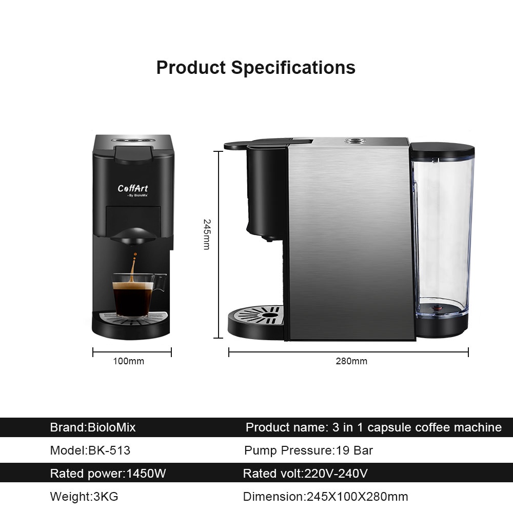 BioloMix 3In1 Function Capsule Espresso Coffee Maker Machine with 3 Coffee Adapters (1450W