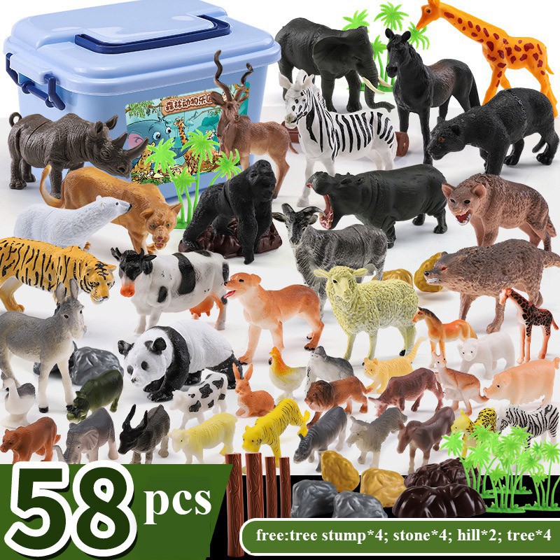 58 Pcs Big Jungle Animal Toys Set, Realistic Wild Plastic Animals