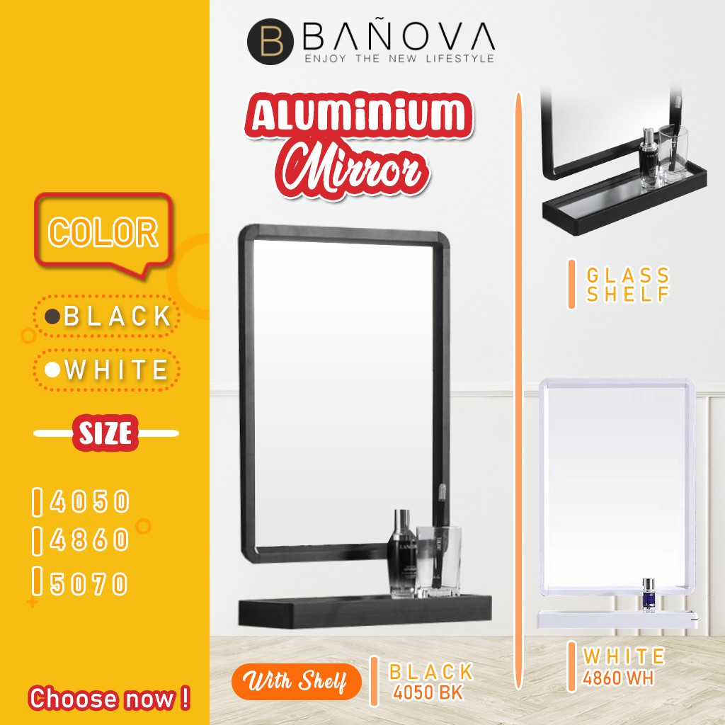 BANOVA Aluminium Bathroom Mirror Aluminium Mirror + Glass Shelf Set