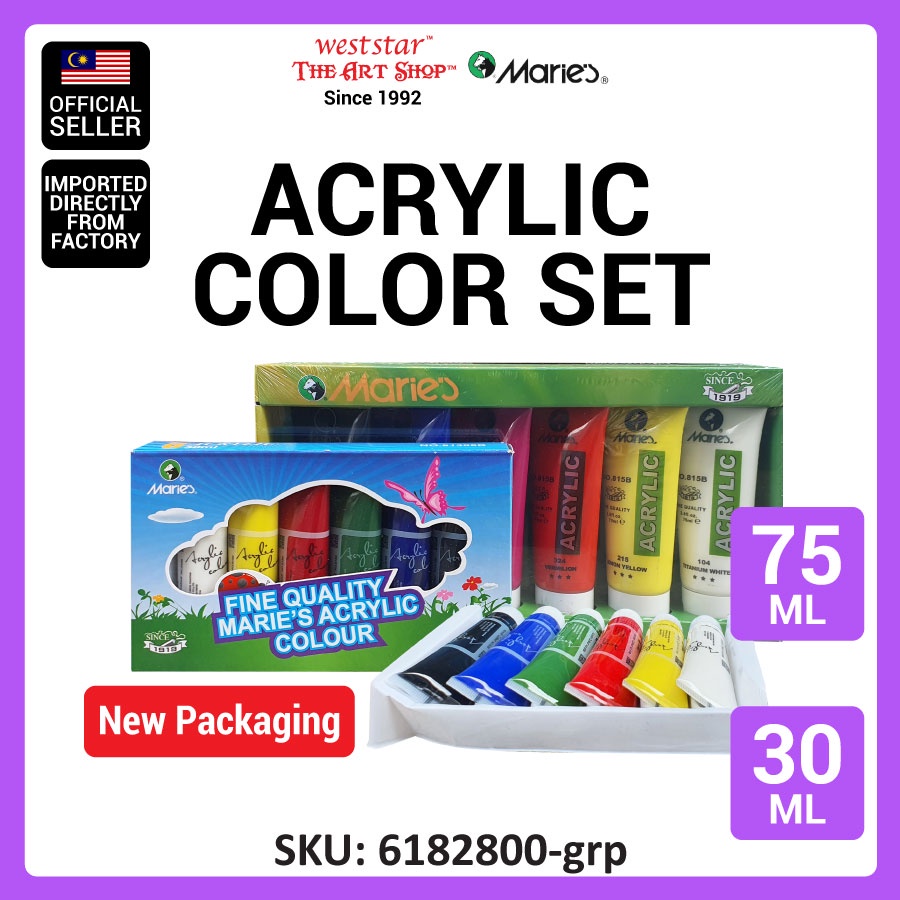 MARIES Acrylic Paint set 6 Col, Arcylic Paint Set,Acrylic Colour,Cat Arkilik,Akrilik Colour,Cat