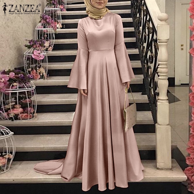 ZANZEA Muslimah Womens Muslim Flare Long Sleeve Satin Plain Party Gown Maxi Dresses Shopee