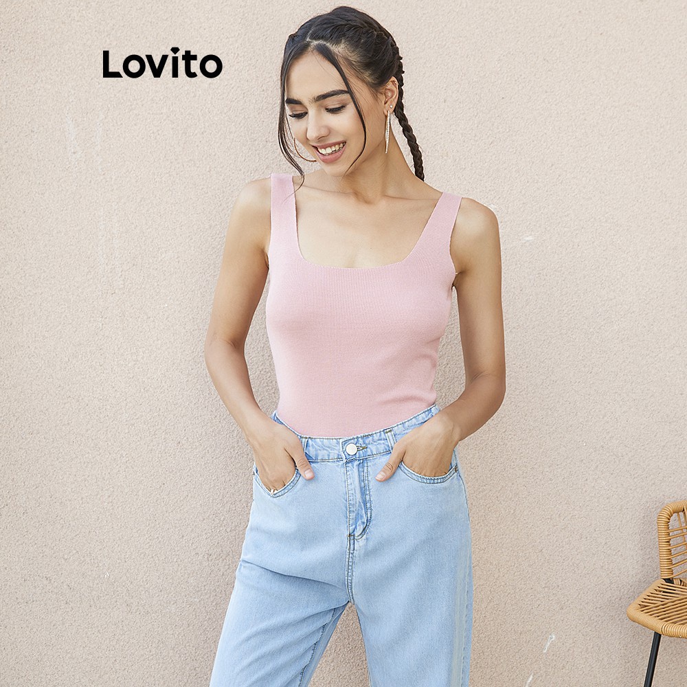 Lovito Plain Square Neck Ice Silk Top L02150 (Pink) Shopee Malaysia