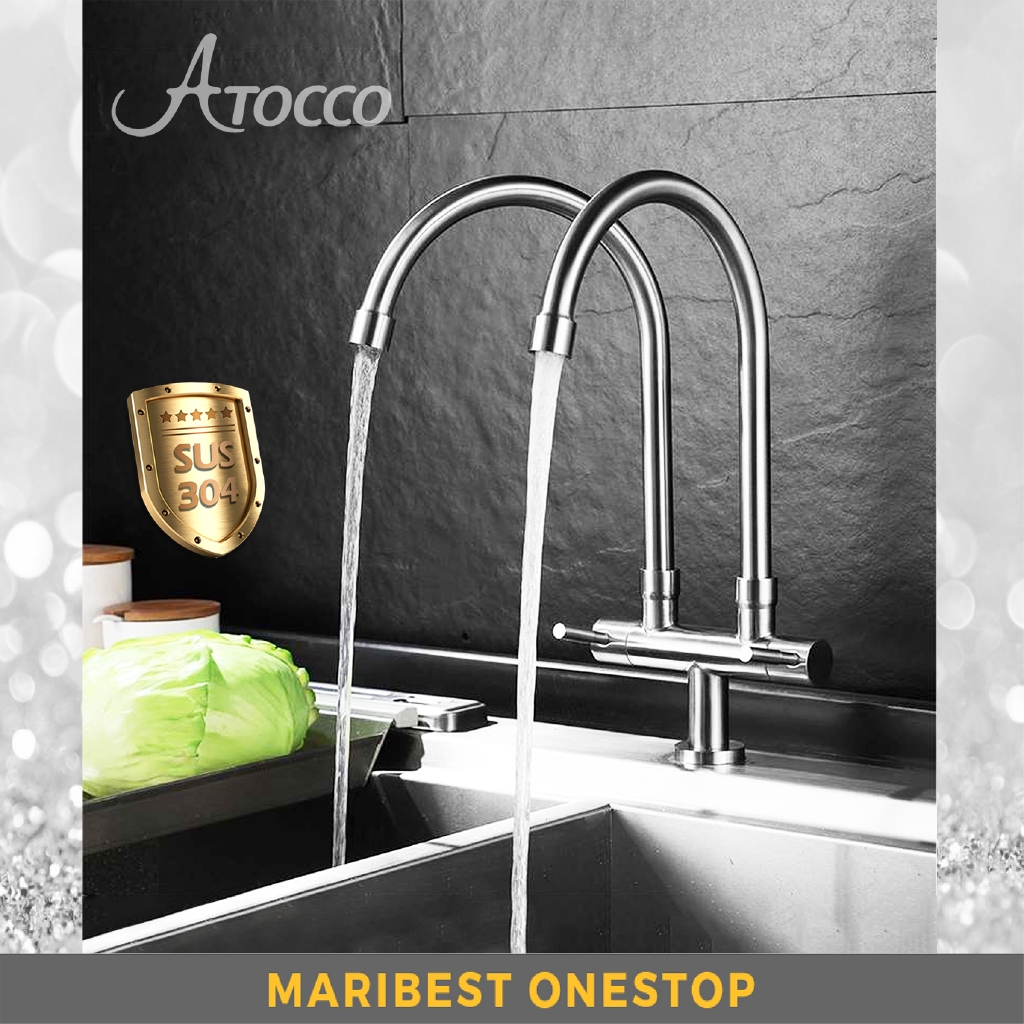AT304542SS Atocco 304 Stainless Steel Twin Double Pillar Mounted Tap Sink Tap Water Tap Kitchen
