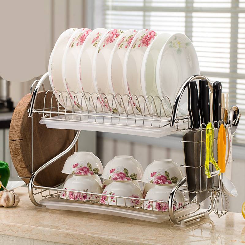 2 Layers Dish Rack Rak Pinggan Steel Set with Tray Pinggan Mangkuk