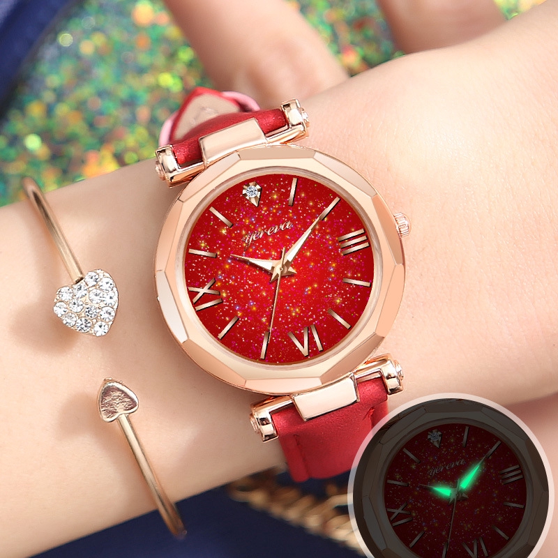 Fashion Starry Night Lights Watch Red Table Diamond Shaped Women's PU