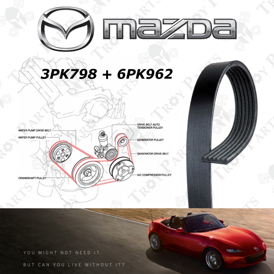 Original Mazda Fan Belt / Aircond / Alternator 3PK798 + 6PK962 for