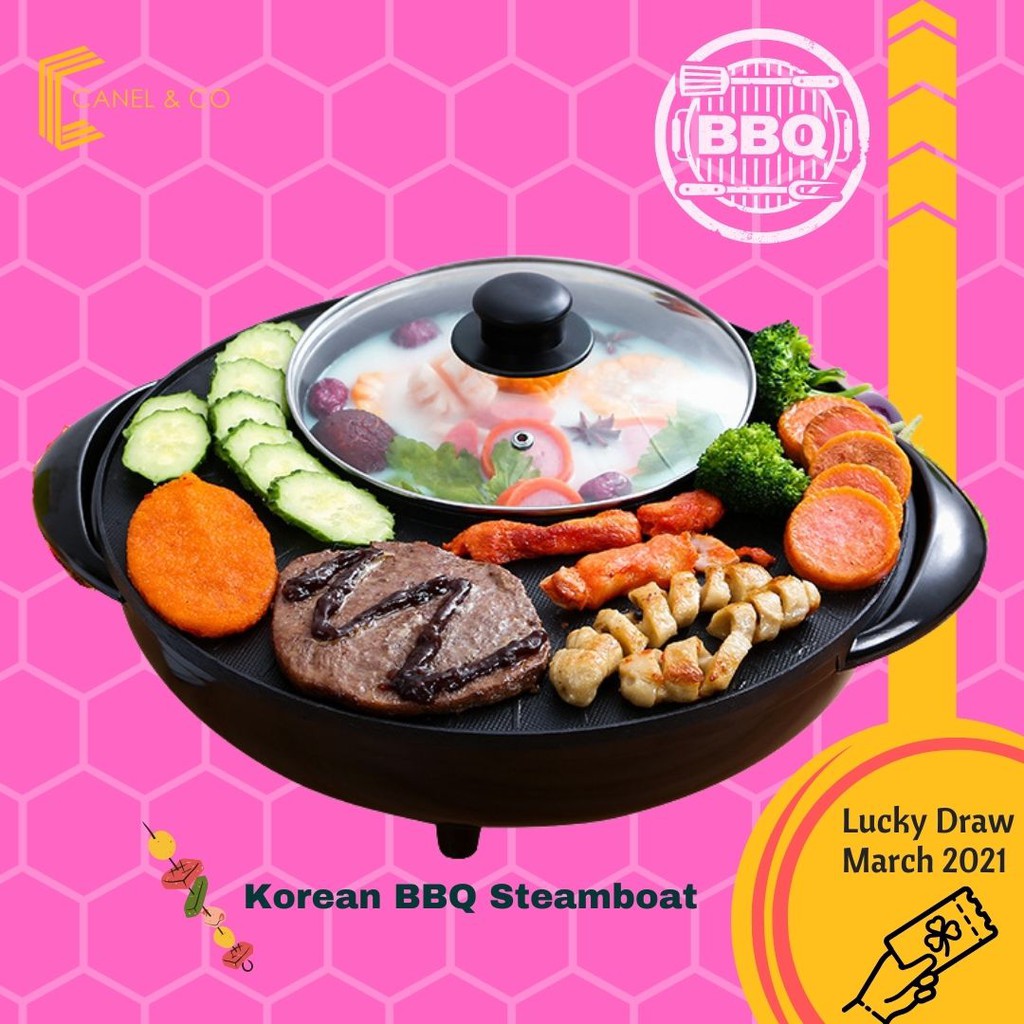2in1 Electric Steamboat Barbecue Cooker BBQ Grill Shabu Hot Pot Pan Korean Teppanyaki Periuk Fry