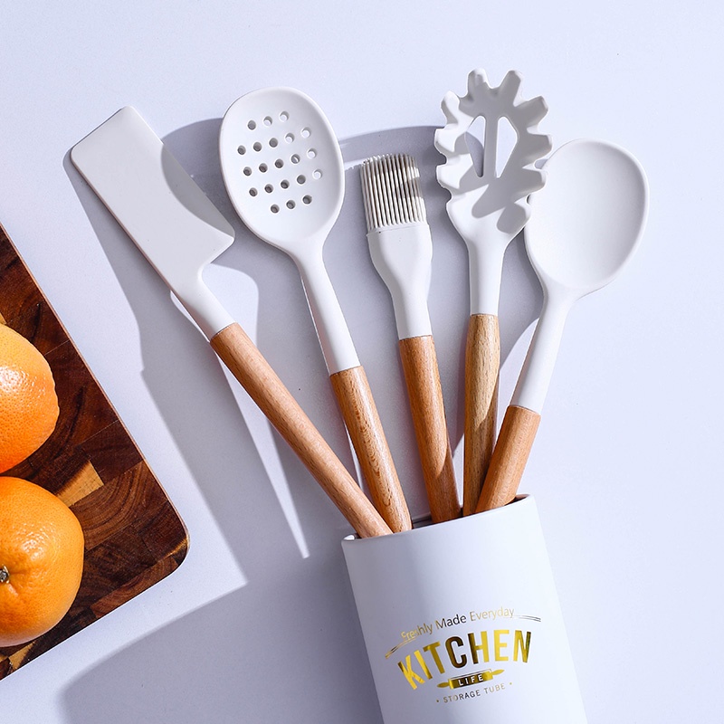 White Silicone Kitchenware Cooking Tool Utensils Set With Wooden