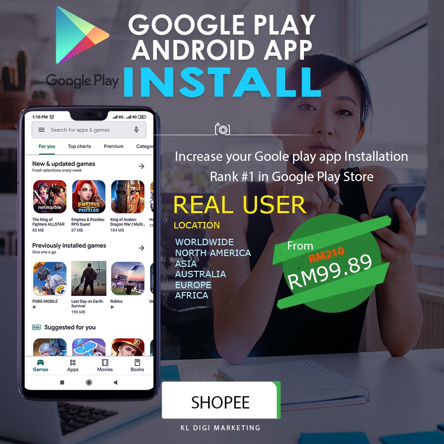 Google Play App Store Real User Worldwide/ Region Install