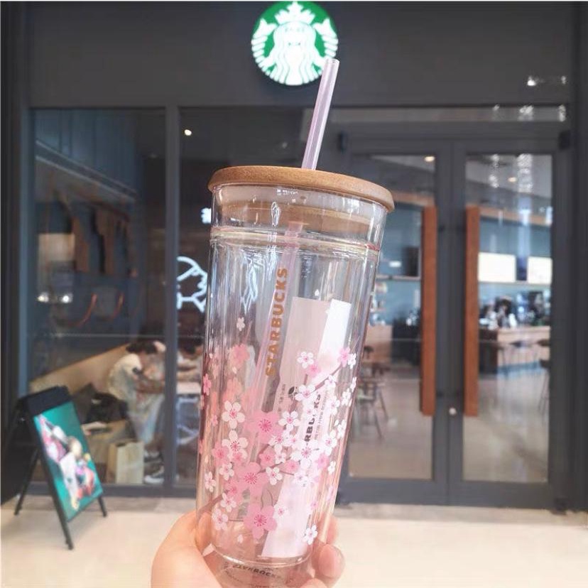 Starbucks Pink Sakura Blossom Double Glass Straw Cup Tumbler With