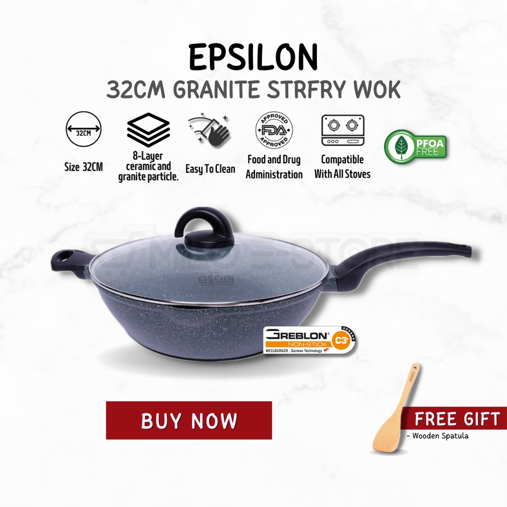 iGOZO EPSILON 32CM Non Stick Premium Granite IH Stirfry Wok Deep Fry
