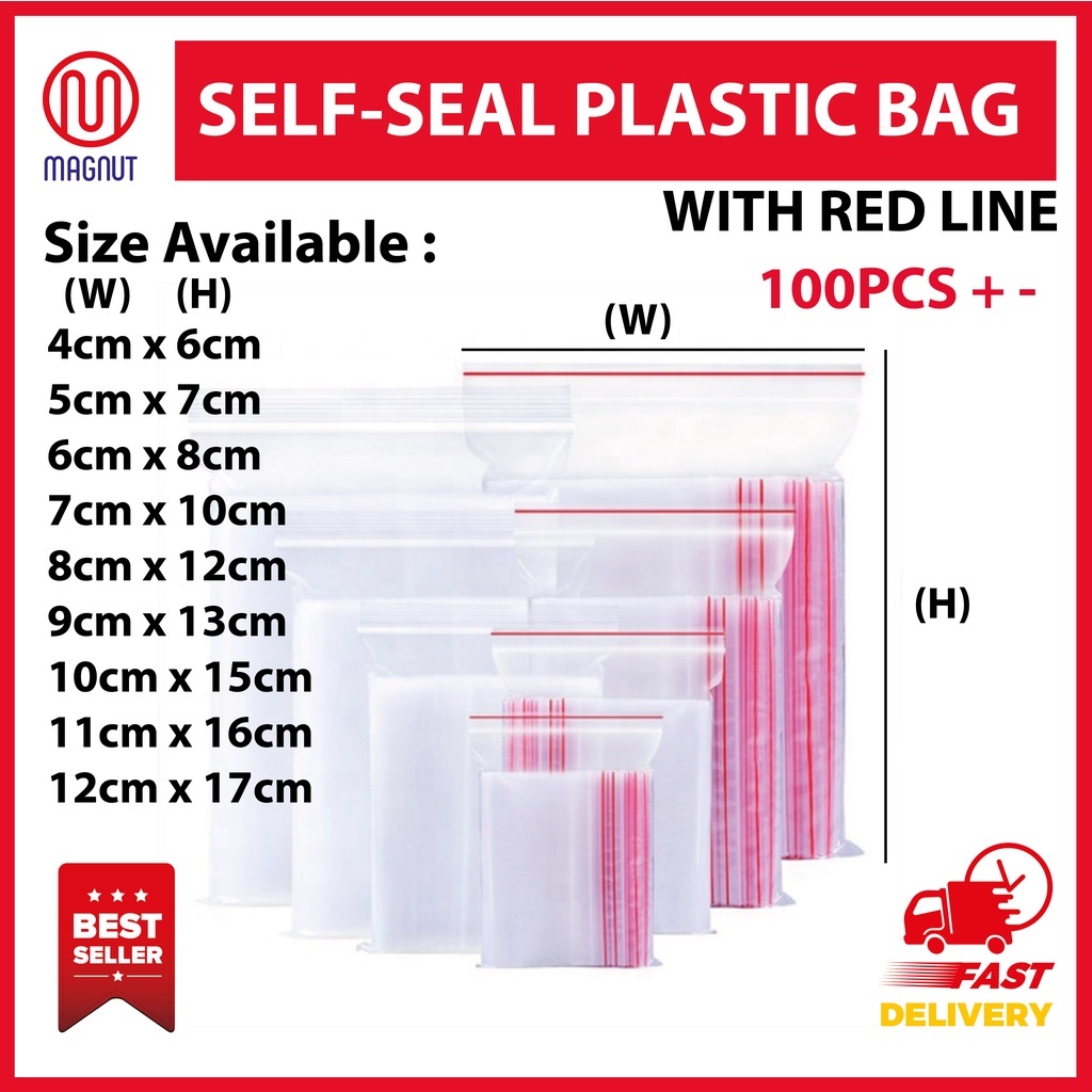 Small Size Zip Lock Plastic Bag 100pcs With Red Line Zipper Plastic Bag