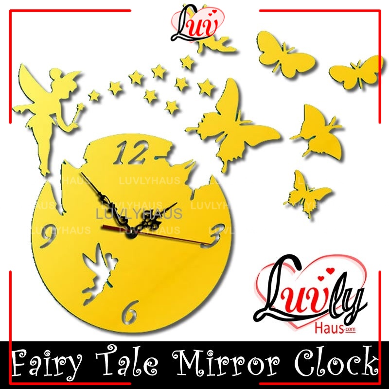 Modern DIY 3D Mirror Clock Decor Quote Fairy tale and Butterflies Decal