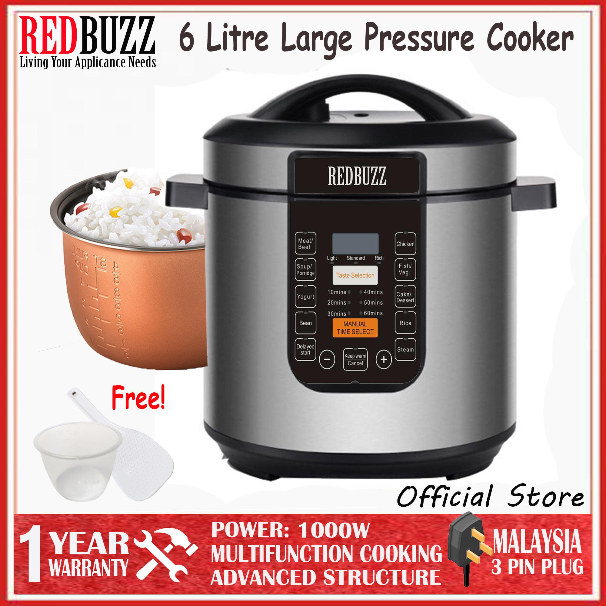 REDBUZZ Electric Pressure Cooker 6.0L Large Capacity Cooker Pot