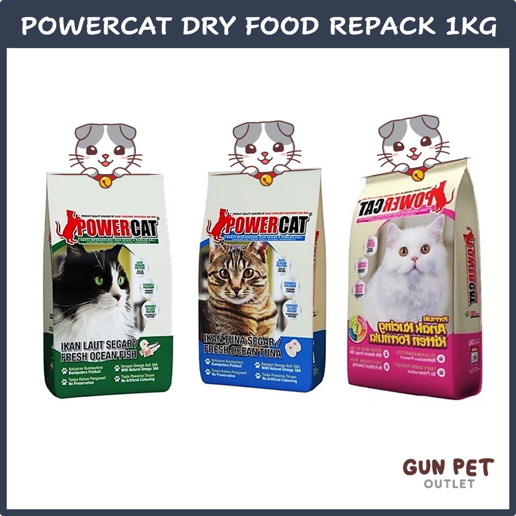 GUN PET PowerCat Dry Cat Food Repack 1kg Fish Tuna Kitten Chicken Power